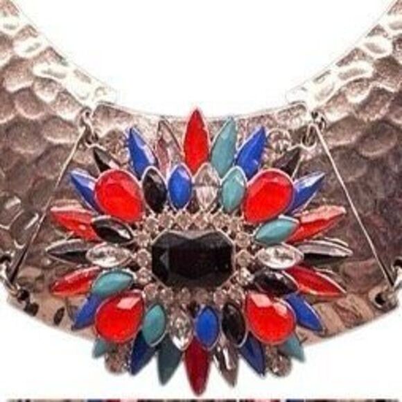 Vtg Hammered Metal Rhinestone Cluster Boomerang Necklace Women's 17" Silver-tone - Picture 4 of 6